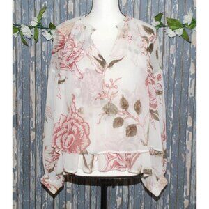 Lucky Brand Cream Pink Floral Blouse Size S Sheer Long Balloon Sleeve Feminine S